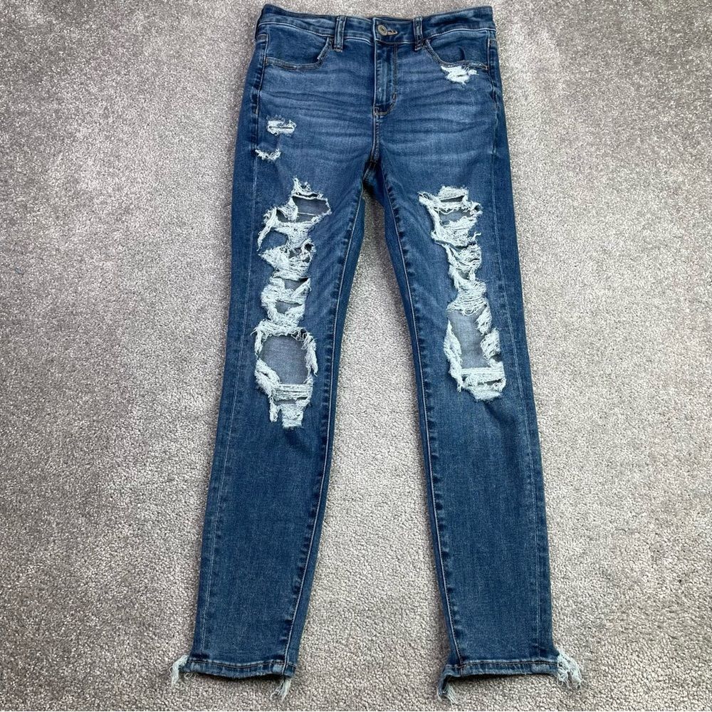American Eagle Jeggings Women’s 8 Blue Skinny High Rise Dark Wash Ripped Stretch